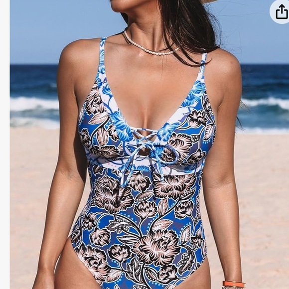Cupshe Floral V-Neck, Self-Tie Back, Tummy Control Front One Piece Swimsuit - Picture 11 of 15